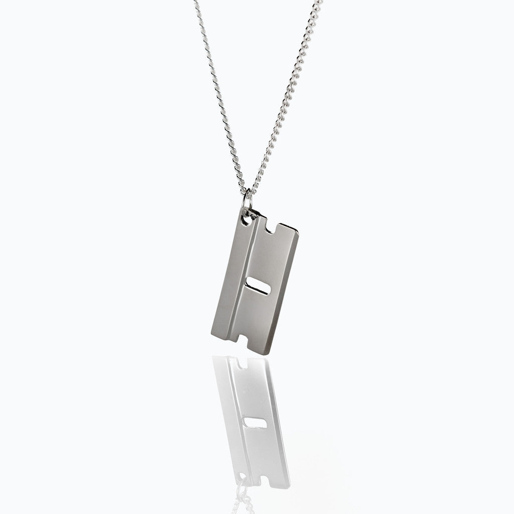 Sterling Silver Razor Blade Necklace with 24 inch Surgical Steel Chain  Italy 1 1/2 inch